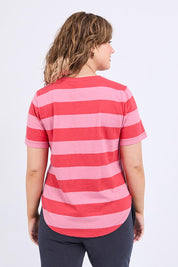 A model wearing the Fundamental Spritz Stripe Ss Cotton Tee in colour Cayennrose (Pink), from the back