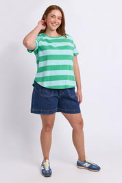 Model Genericm wearing size sample of the Fundamental Spritz Stripe Ss Cotton Tee – Greenbriar in colour Greenbriar, from the front