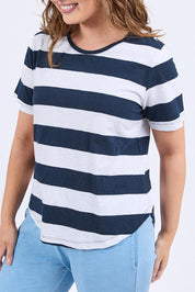 A model wearing the Fundamental Spritz Stripe Ss Cotton Tee in colour Navywhite (Blue), from the front, cropped image