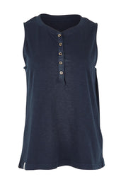 Product shot of the Fundamental Elysian Cotton Tank in colour Navy (Blue), from the front