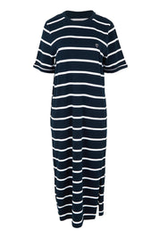Product shot of the Fundamental Halli Cotton Tee Dress in colour Navywhite (Blue), from the front