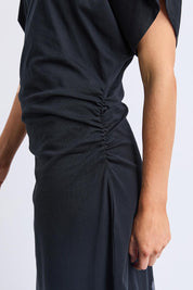 A model wearing the Fundamental Colette Cotton Dress in colour Black (Black), from the front, cropped image