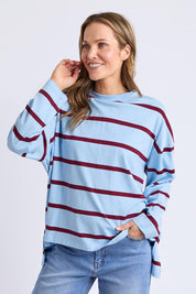 A model wearing the Fundamental Calli Stripe Cotton Long Sleeve Tee in colour Blueplum (Blue), from the front, cropped image