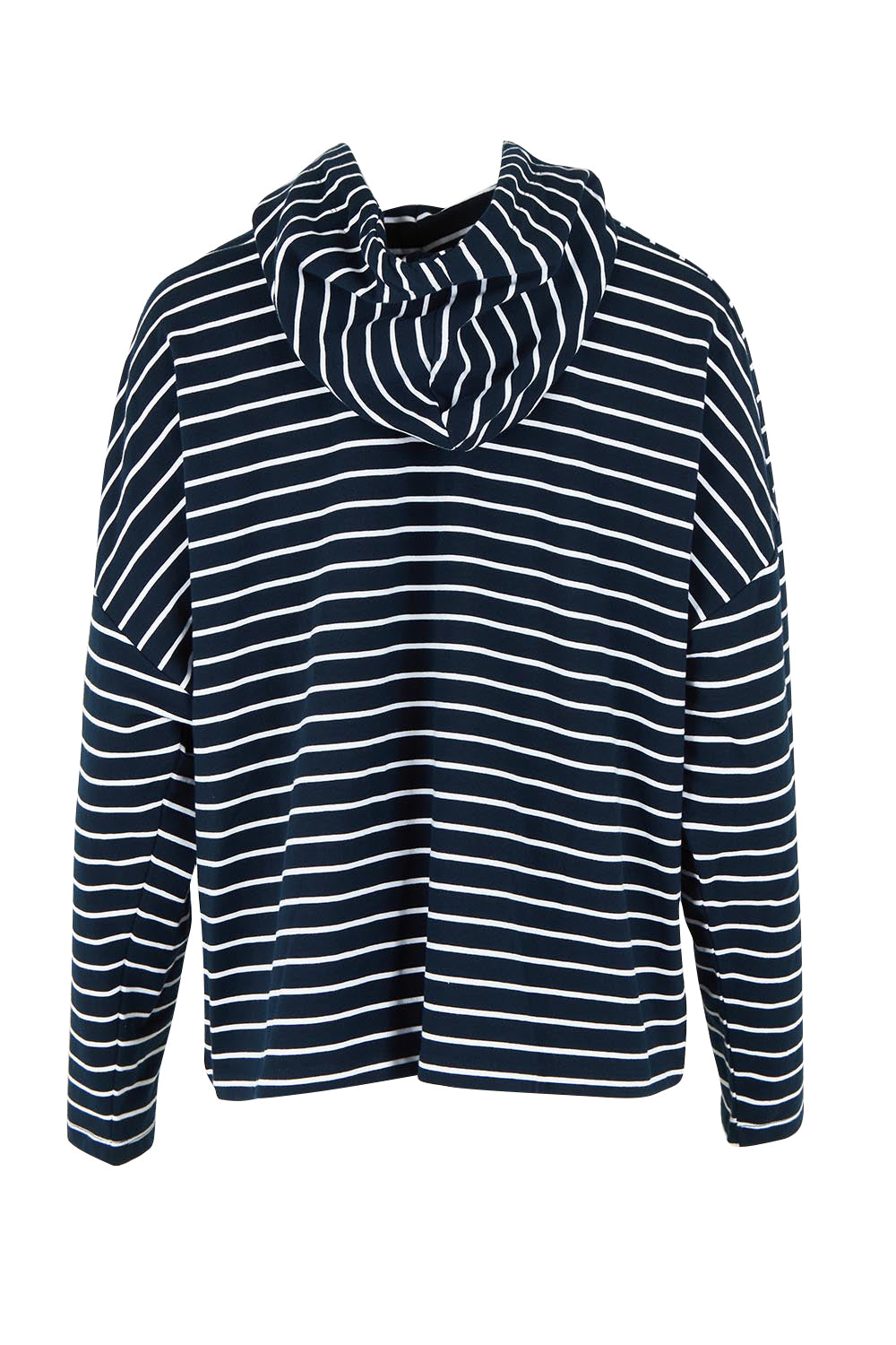 Product shot of the Fundamental Rhea Stripe Cotton Hoodie in colour Navystripe (Blue), from the back