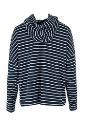 Product shot of the Fundamental Rhea Stripe Cotton Hoodie in colour Navystripe (Blue), from the back
