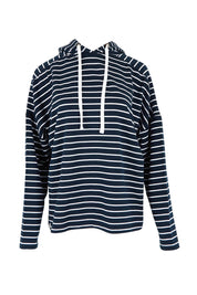Product shot of the Fundamental Rhea Stripe Cotton Hoodie in colour Navystripe (Blue), from the front