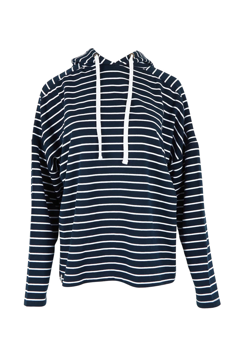 Product shot of the Fundamental Rhea Stripe Cotton Hoodie in colour Navystripe (Blue), from the front