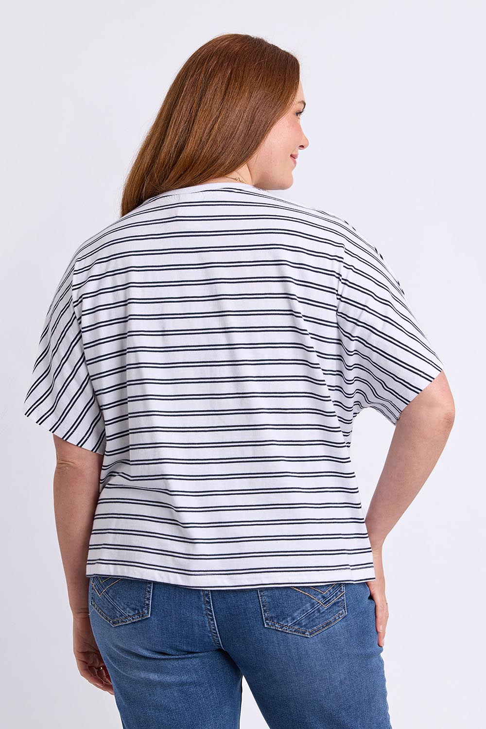 Model Genericm wearing size sample of the Fundamental Luna Ss Stripe Cotton Tee – Whitenavy in colour Whitenavy, from an angle