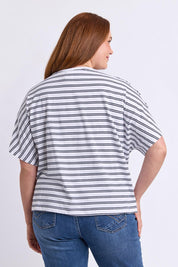 Model Genericm wearing size sample of the Fundamental Luna Ss Stripe Cotton Tee – Whitenavy in colour Whitenavy, from an angle