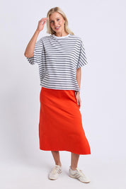 Model Genericm wearing size sample of the Fundamental Luna Ss Stripe Cotton Tee – Whitenavy in colour Whitenavy, from the front