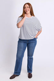 Model Genericm wearing size sample of the Fundamental Luna Ss Stripe Cotton Tee – Whitenavy in colour Whitenavy, from the front