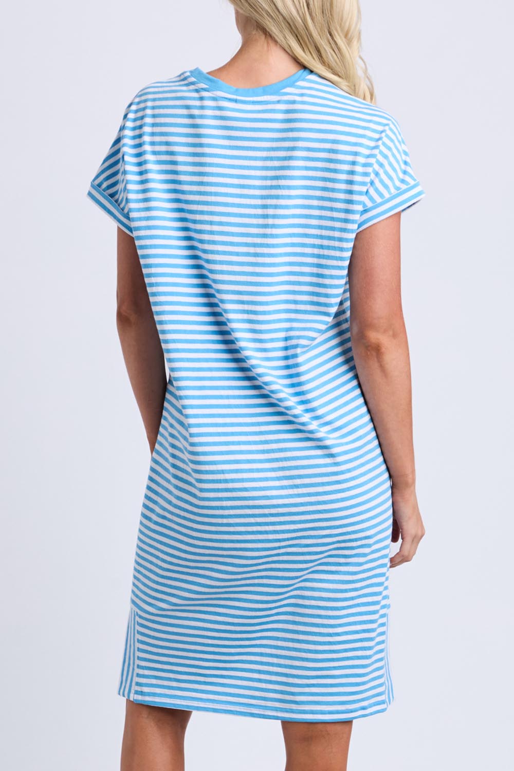 Model Genericm wearing size sample of the Fundamental Yarra Stripe Cotton Dress – Azureblue in colour Azureblue, from the back