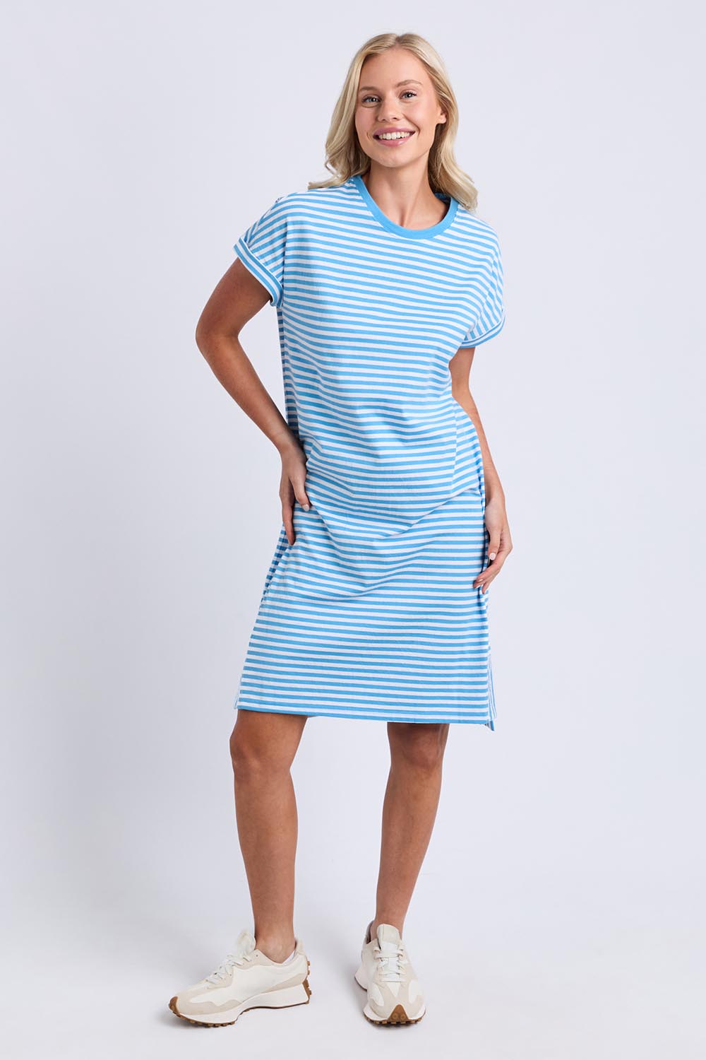 Model Genericm wearing size sample of the Fundamental Yarra Stripe Cotton Dress – Azureblue in colour Azureblue, from the front