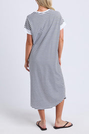 Model Genericm wearing size sample of the Fundamental Maggie Stripe Cotton Dress – Whitenavy in colour Whitenavy, from the front