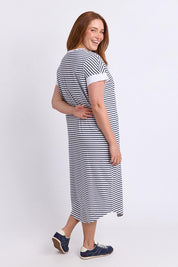 Model Genericm wearing size sample of the Fundamental Maggie Stripe Cotton Dress – Whitenavy in colour Whitenavy, from the front