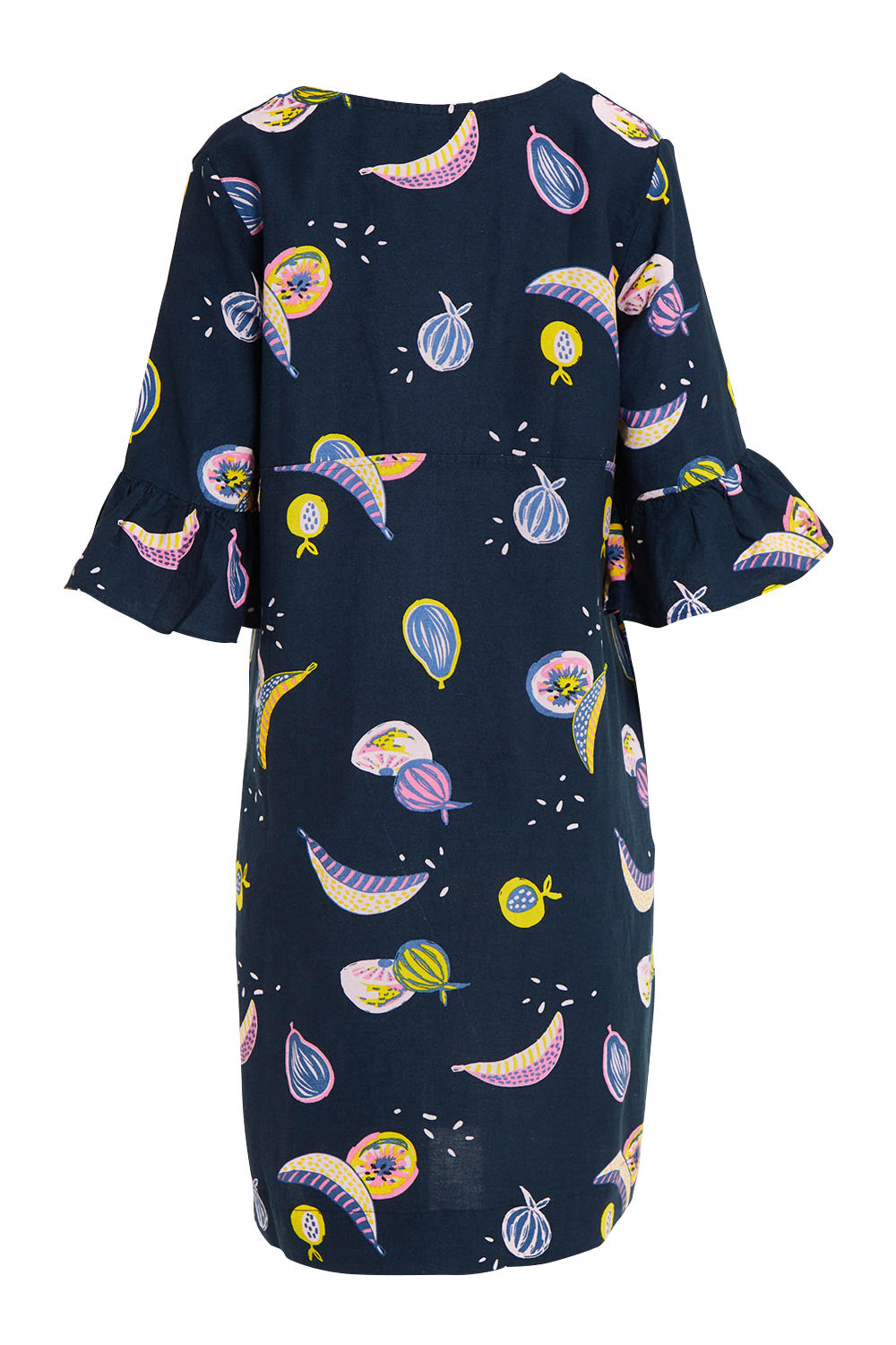 Product shot of the Fruity Tootie Dress in colour Navymulti (Blue), from the back