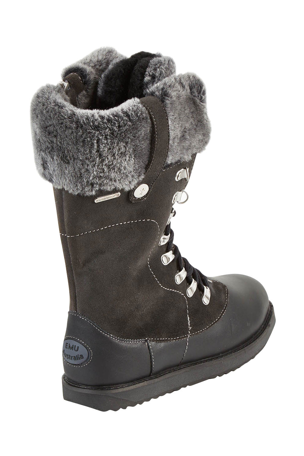 Product shot of the Orica Hi Waterproof Leather Boot in colour Darkgrey (Grey), from the back