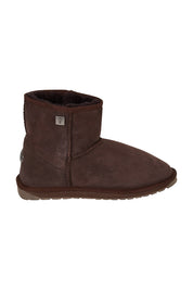 Product shot of the Platinum Stinger Mini Ugg Boots in colour Chocolate, from the front