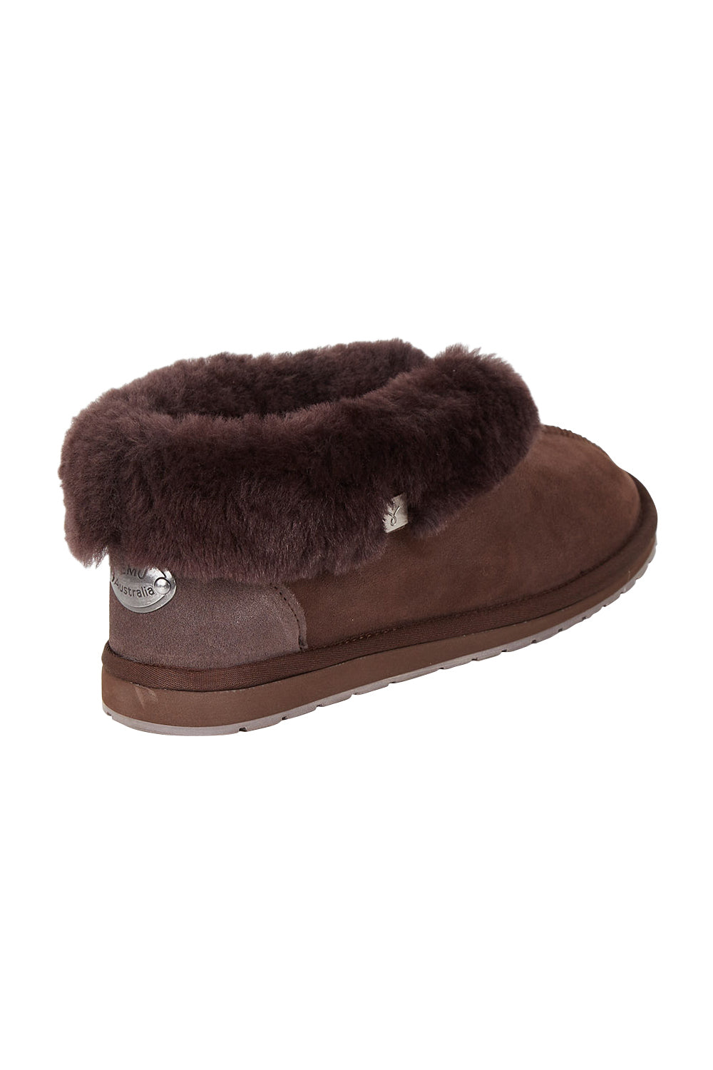 Product shot of the Platinum Albany Sheepskin Australian Slipper in colour Chocolate, from the back