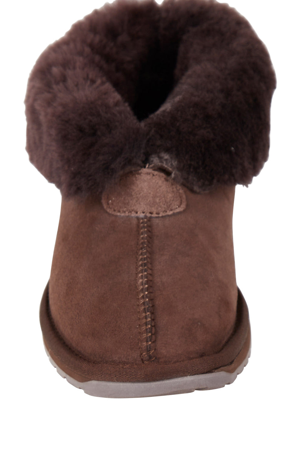 Product shot of the Platinum Albany Sheepskin Australian Slipper in colour Chocolate, detail