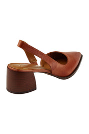 Product shot of the Aura Leather Heel in colour Brandy, from the back