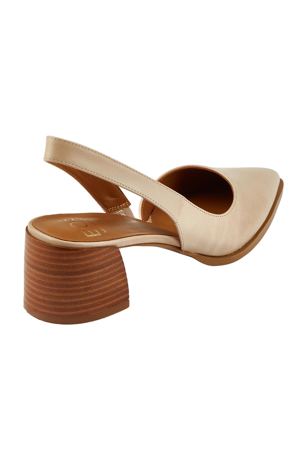 Product shot of the Aura Leather Heel in colour Nude, from the back