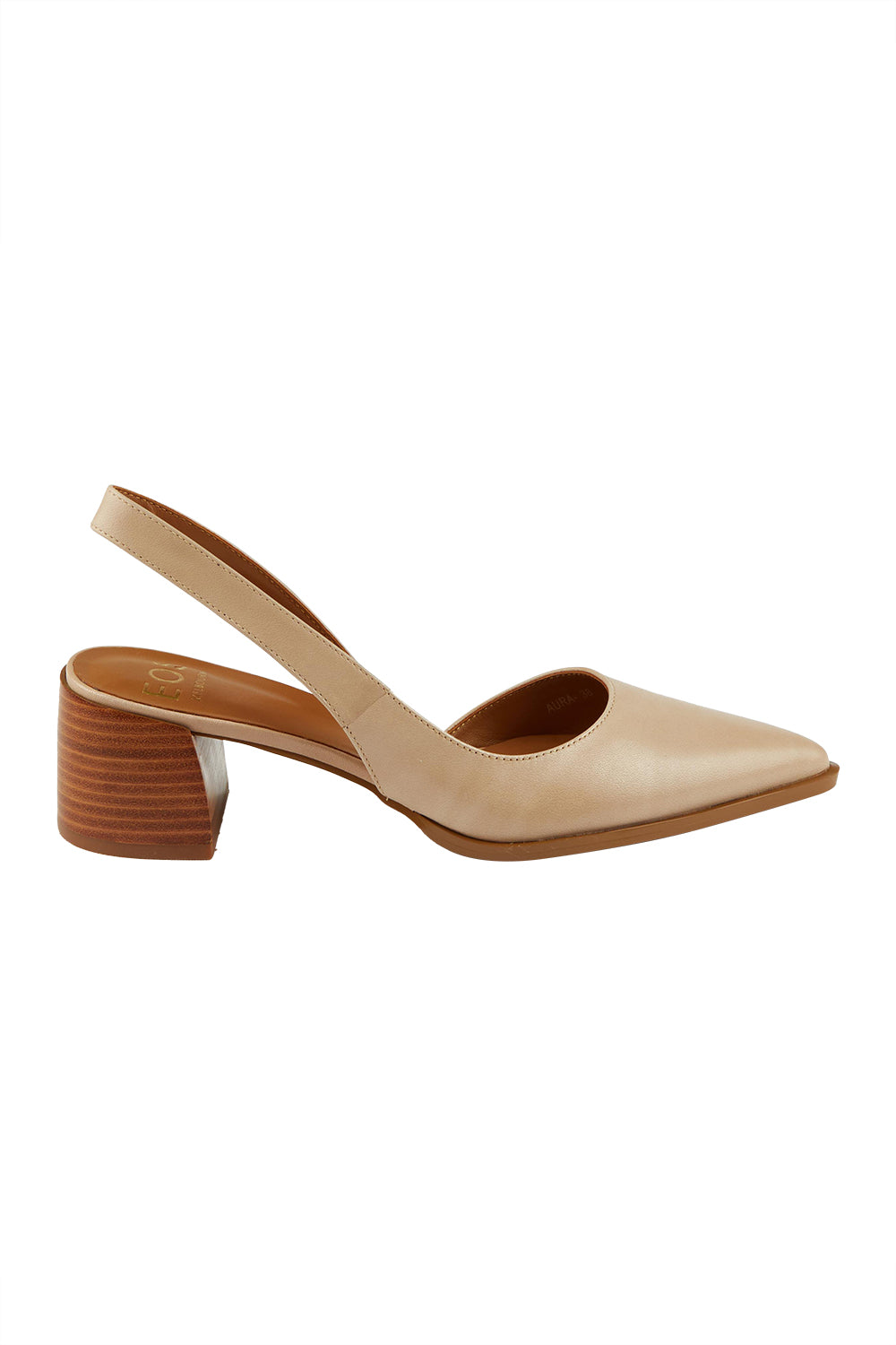 Product shot of the Aura Leather Heel in colour Nude, from the front