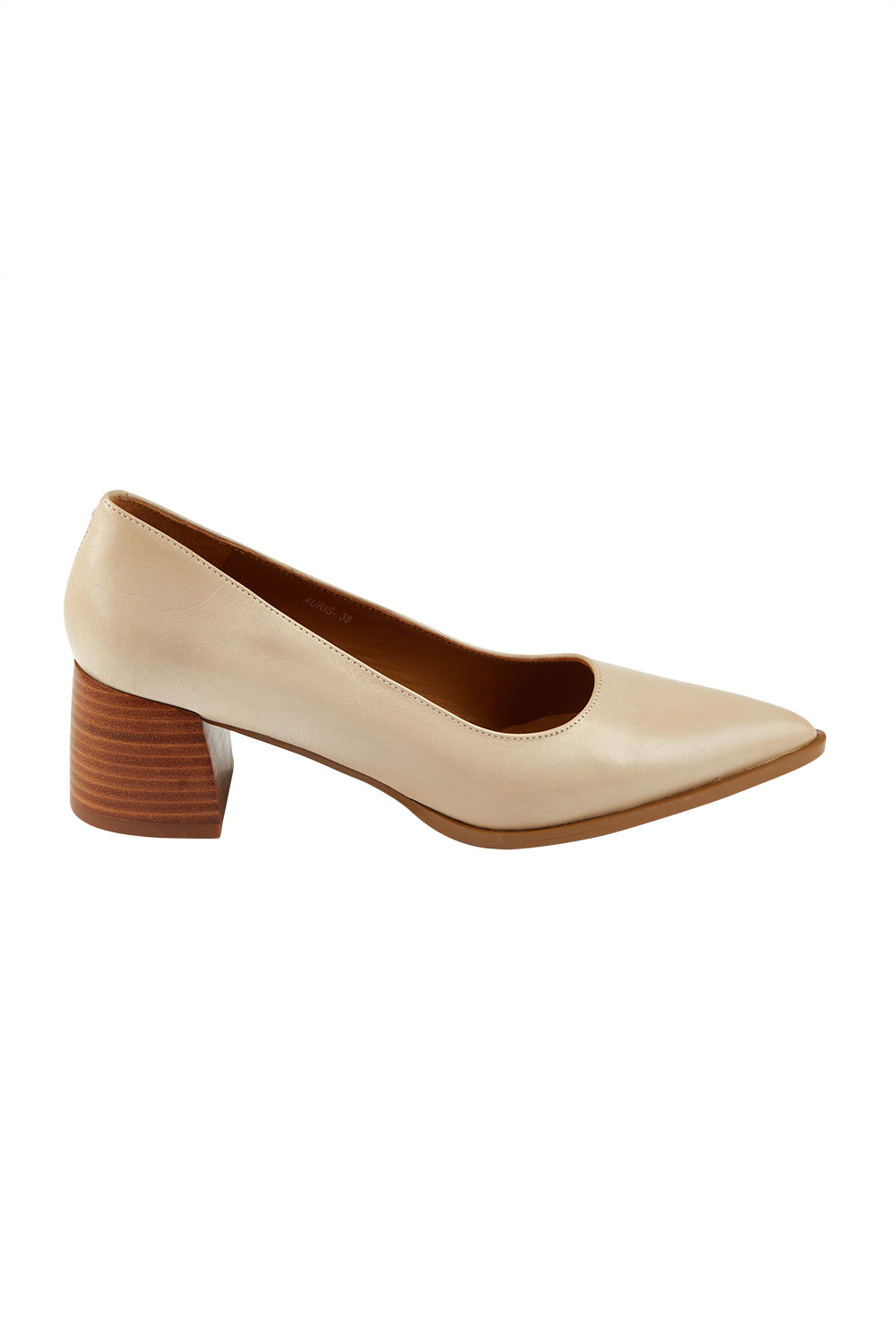 Product shot of the Auris Leather Heel in colour Nude, from the front