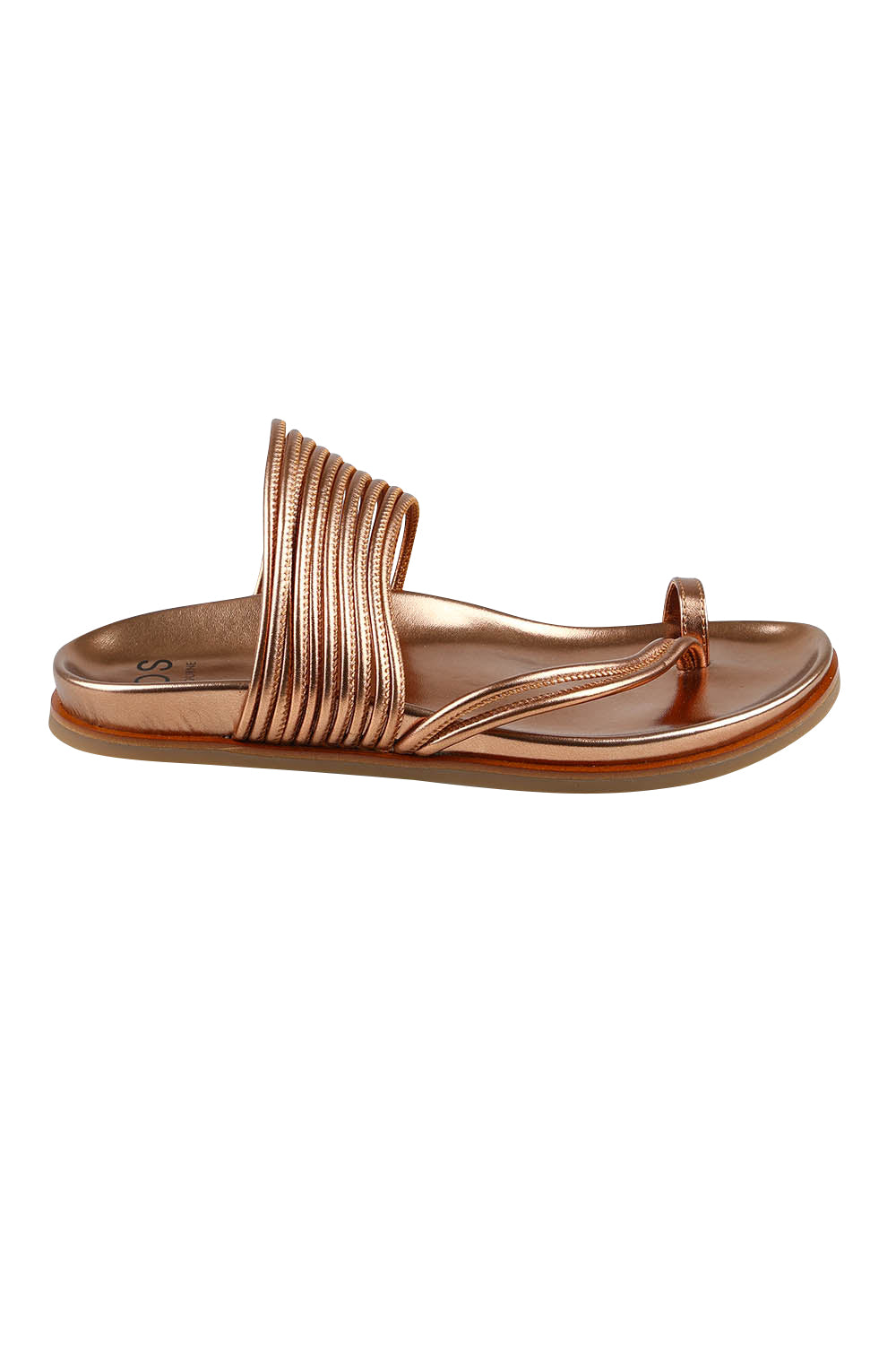 Product shot of the Carmella Leather Slide in colour Copper (Metallics), from the front
