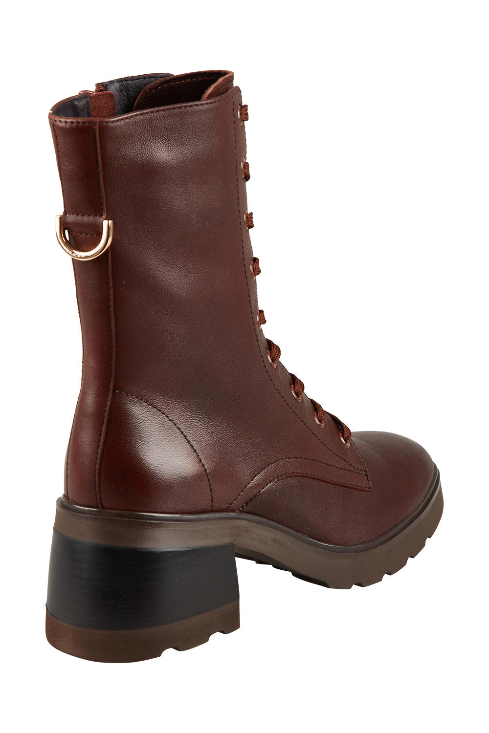 Product shot of the Finton Lace Up Boot in colour Redwood, from the back