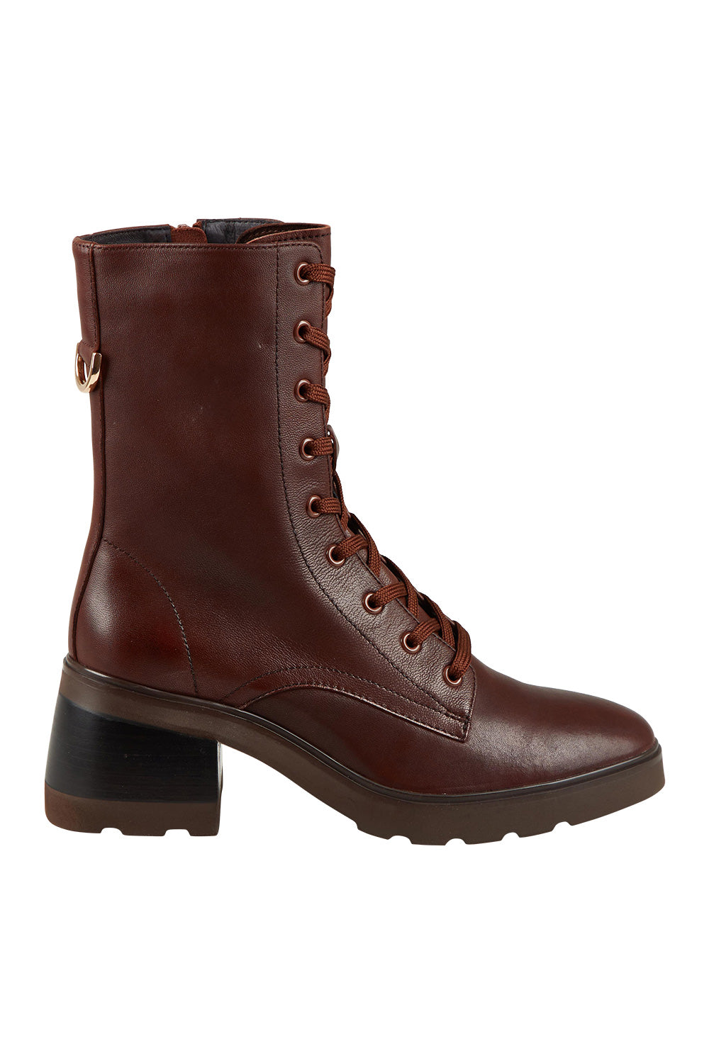 Product shot of the Finton Lace Up Boot in colour Redwood, from the front