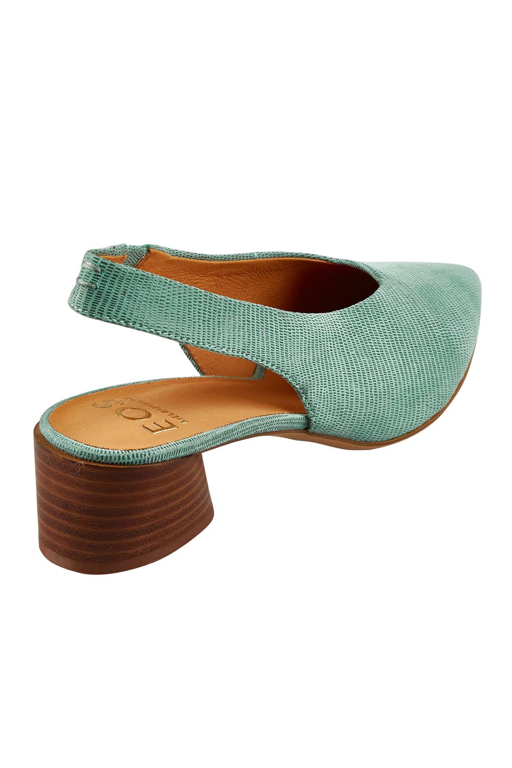Product shot of the Hatti Leather Heel in colour Mint (Green), from the back