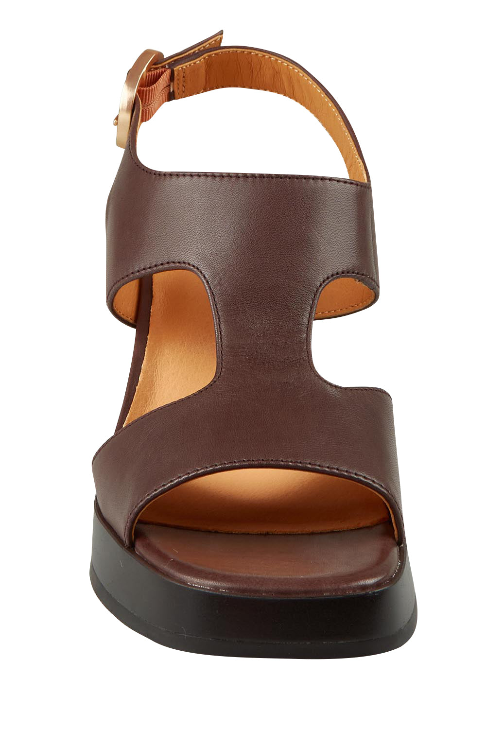 Product shot of the Iraia Leather Heel in colour Chestnut, detail