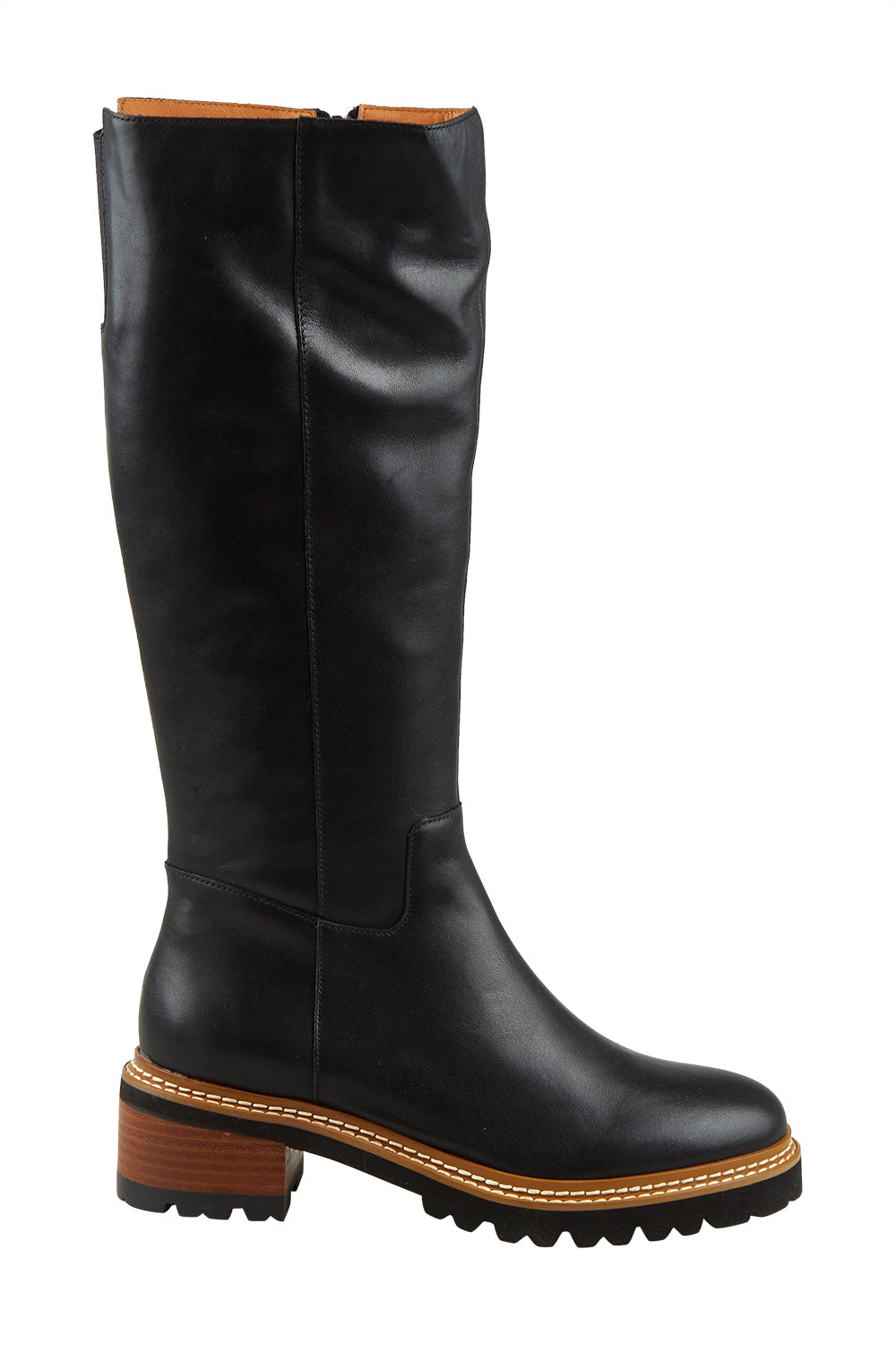 Product shot of the Lindeta Leather Knee Boot in colour Black (Black), from the front