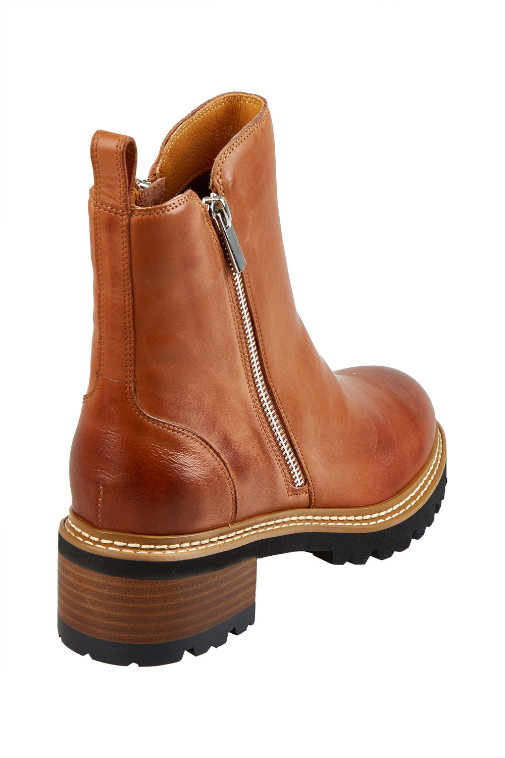 Product shot of the Lindira Double Zip Leather Ankle Boot in colour Brandy, from the back