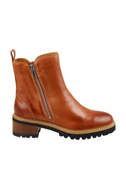 Product shot of the Lindira Double Zip Leather Ankle Boot in colour Brandy, from the front