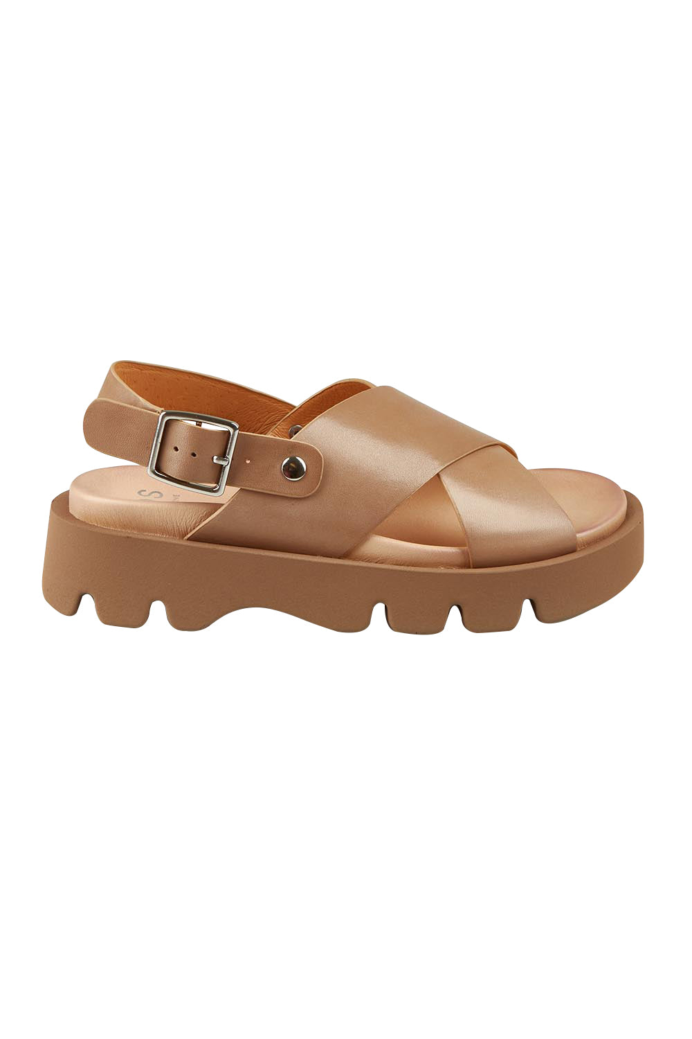 Product shot of the Monnis Leather Sandal in colour Taupe, from the front