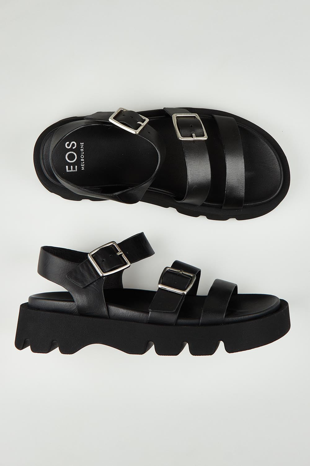 A model wearing size 37 of the Monn Leather Sandal in colour Black (Black), from the front, showing the whole outfit
