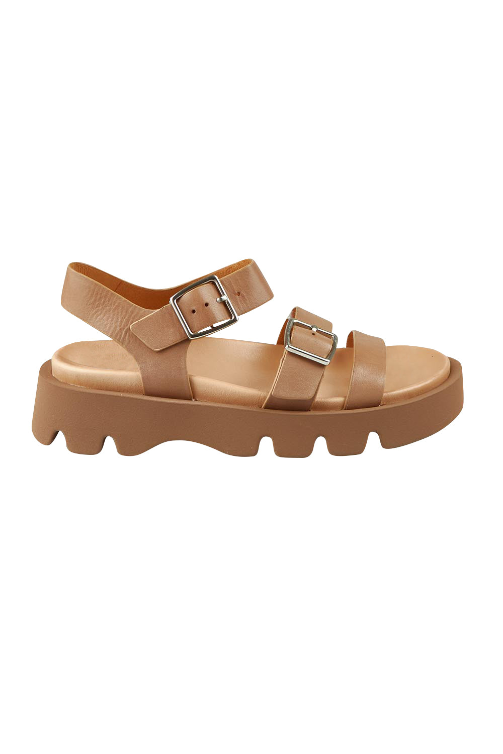 Product shot of the Monn Leather Sandal in colour Taupe, from the front