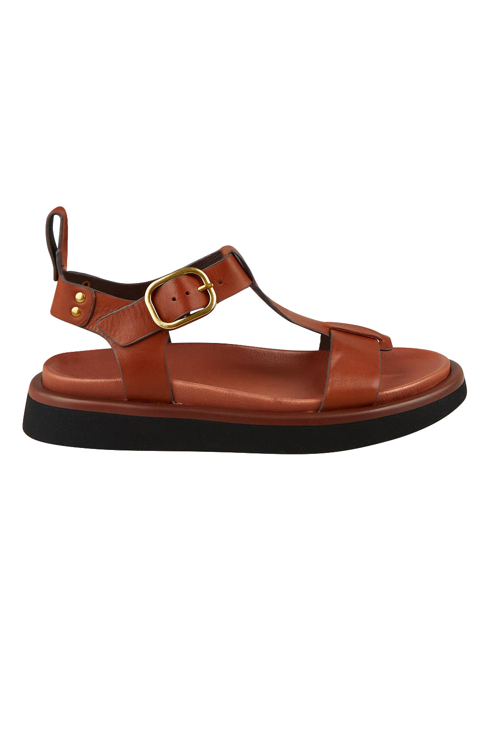 Product shot of the Slays Leather Sandal in colour Brandy, from the front