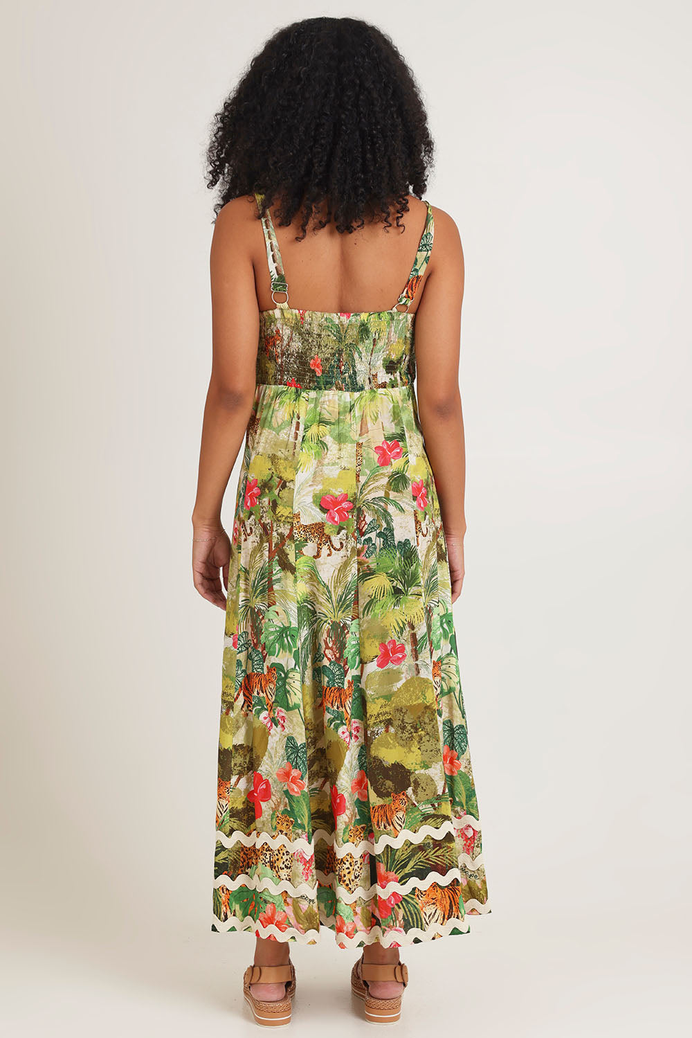Model Ziara wearing size 10 of the Cecilla Strappy Dress in colour Print, from the back