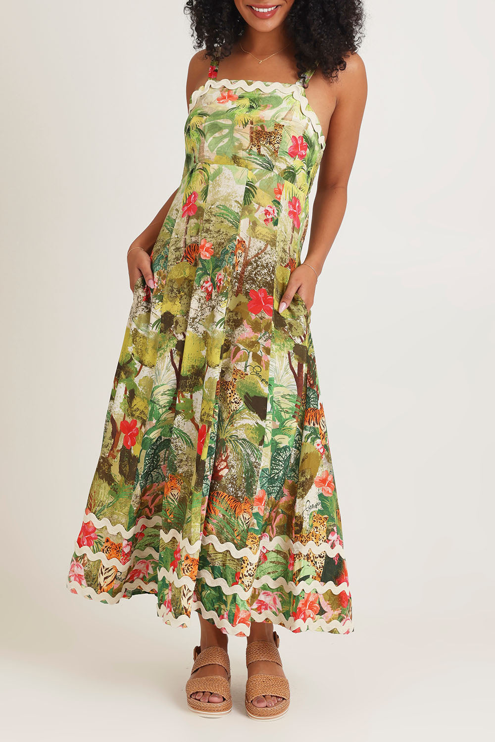 Model Ziara wearing size 10 of the Cecilla Strappy Dress in colour Print, from the front, cropped image