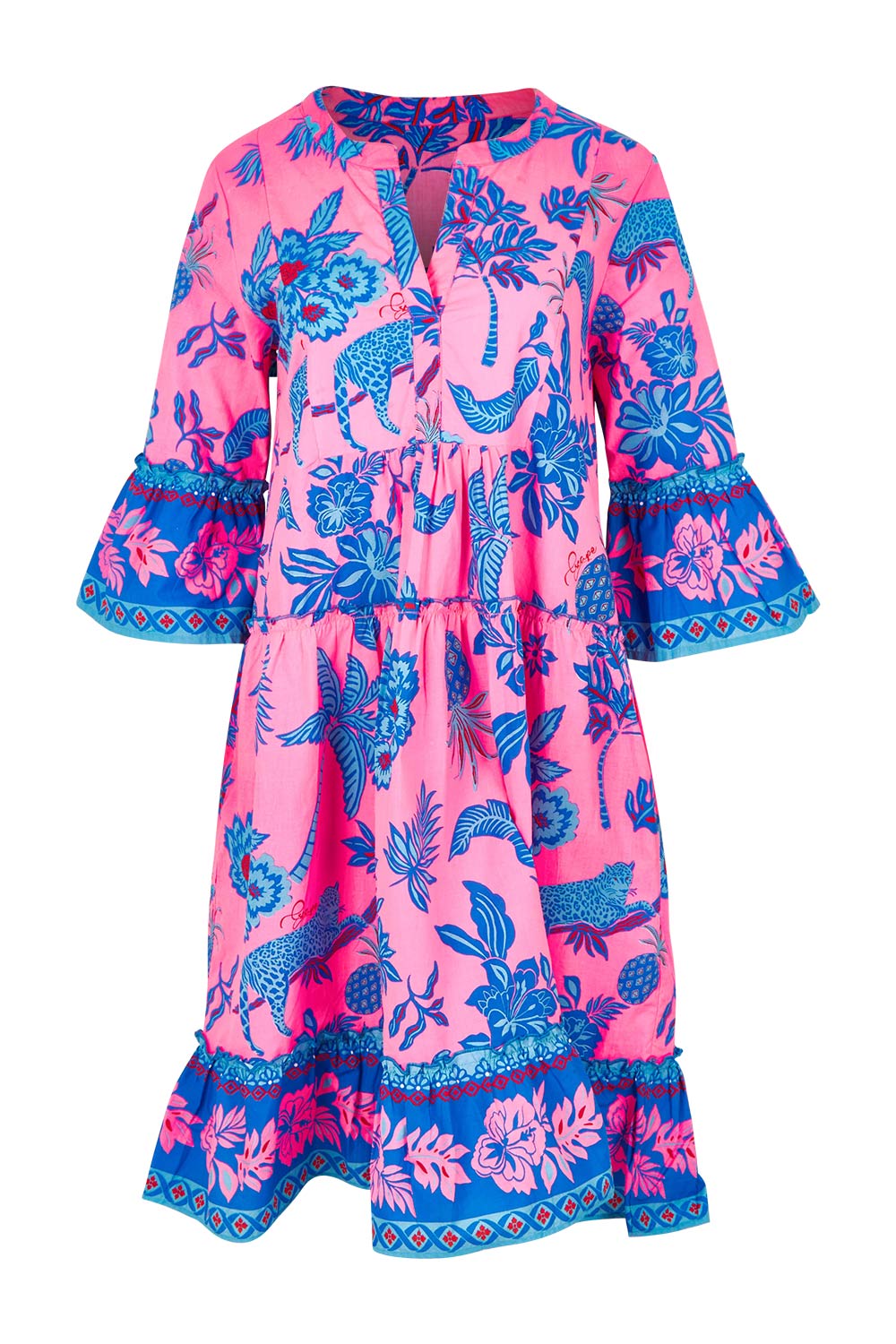 Product shot of the Lidia Cotton Frill Sleeve Layers Dress in colour Print, from the front
