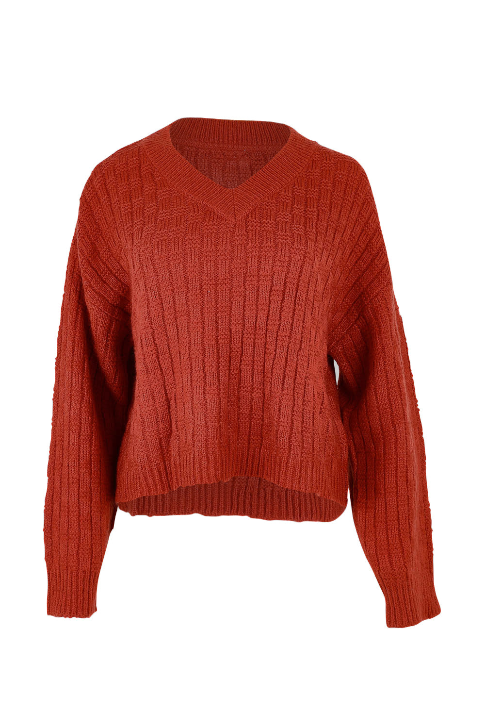 Product shot of the Knit V Neck Jumper in colour Rust, from the front