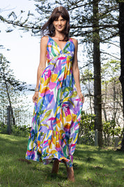 A model wearing the Melinda White Maxi Strappy Dress in colour White (Blue), from the front, showing the whole outfit