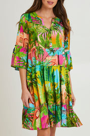 Model Madeline wearing size 10 of the Lani Frill 3/4 Sleeve Dress in colour Print (Green), from the front, cropped image