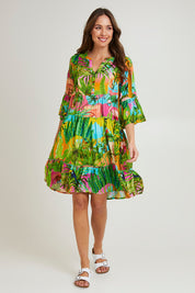 Model Madeline wearing size 10 of the Lani Frill 3/4 Sleeve Dress in colour Print (Green), from the front, showing the whole outfit