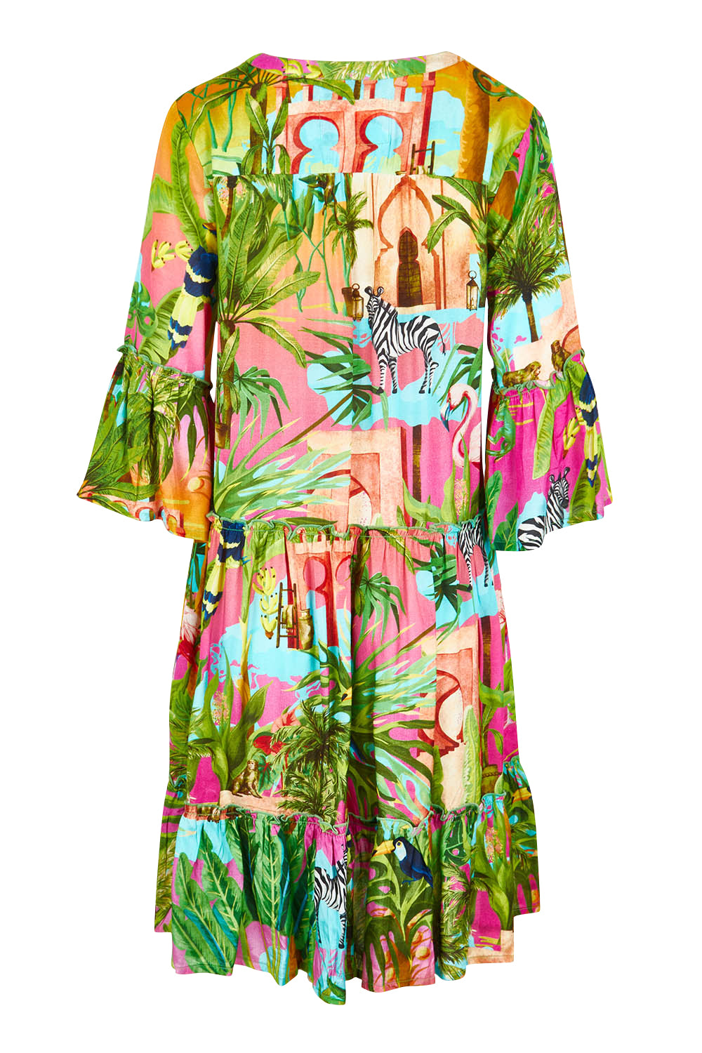 Product shot of the Lani Frill 3/4 Sleeve Dress in colour Print (Green), from the back