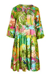 Product shot of the Lani Frill 3/4 Sleeve Dress in colour Print (Green), from the front