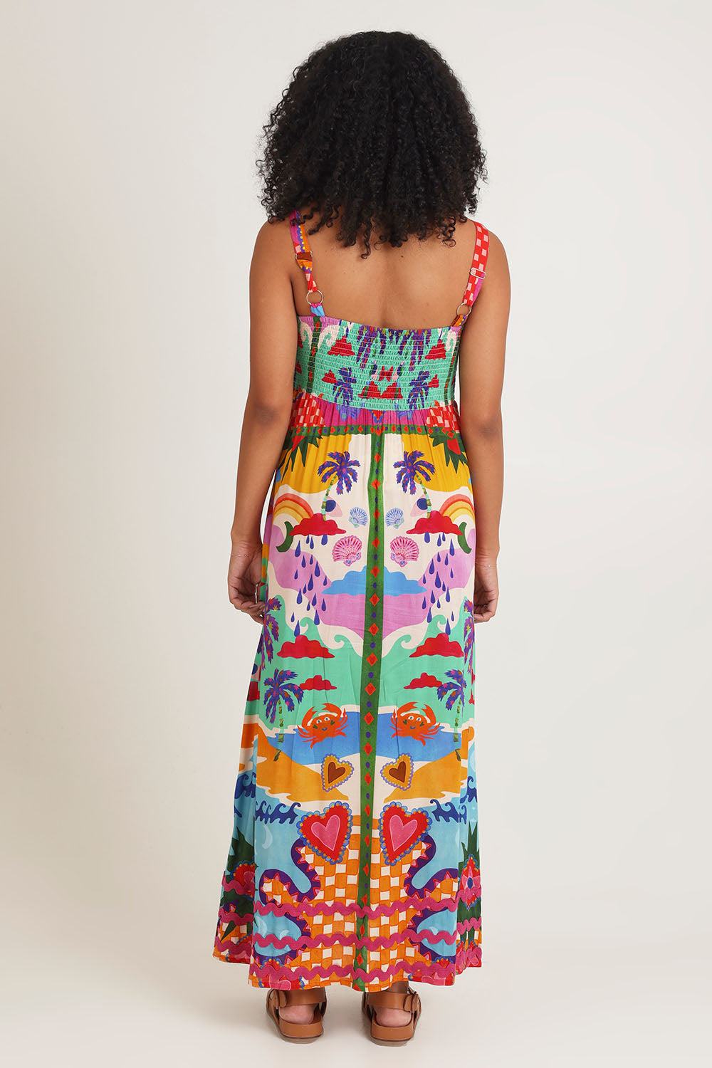 Model Ziara wearing size 10 of the Briana Strappy Dress in colour Print, from the back